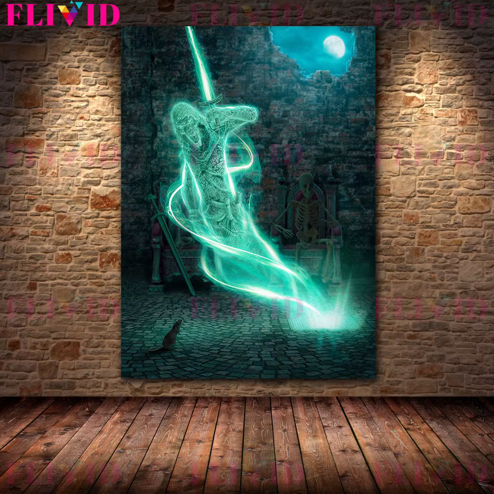 Peinture sur toile murale, bain de nuit, lune, sorcière et sirène Banshee