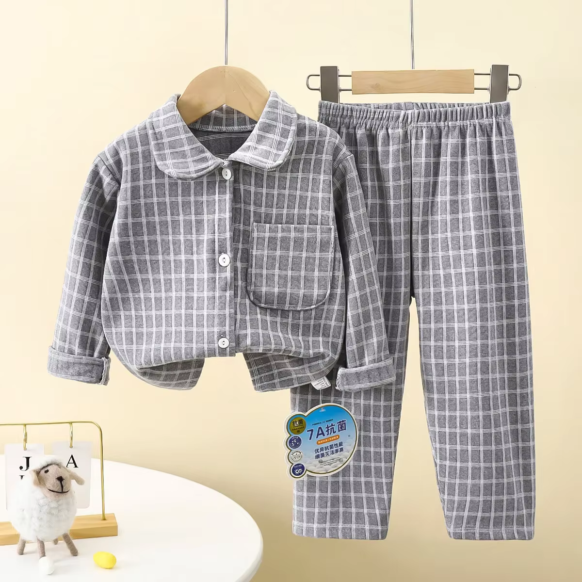 Pyjama d'Automne pour Garçon et Fille, Vêtements de Maison Décontractés à Carreaux, Chemise à Revers