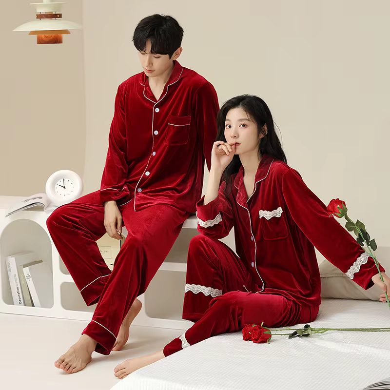 Ensemble de pyjamas de couple pour hommes et femmes, velours doré, patients rouges, maison de mariag