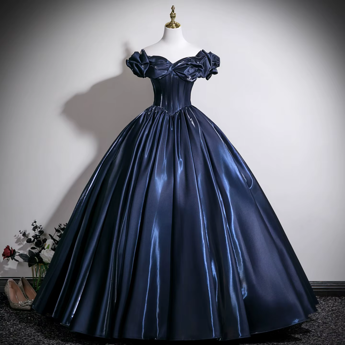 Robe de performance musicale bleu marine, élégante, épaules dénudées, robe de bal, robe de mariée po