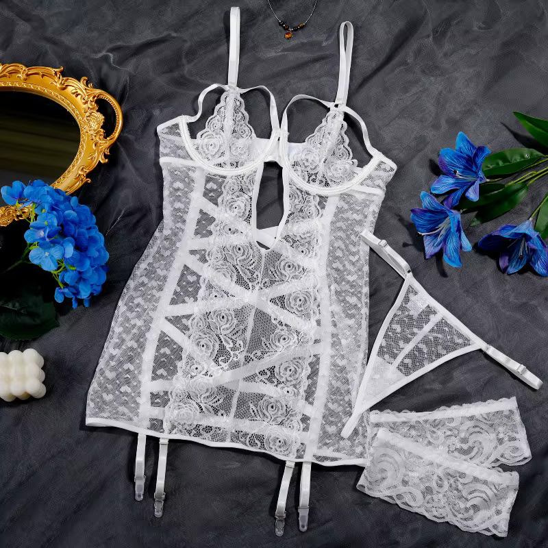 Ensembles de Lingerie Féminine Saint-Valentin, Robe Séduisante et String 2 Pièces avec Cercles de Ja