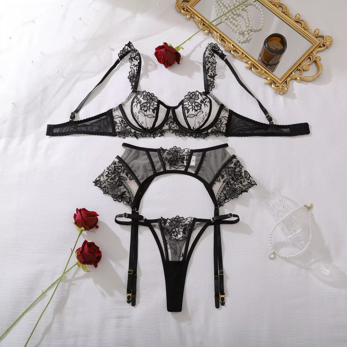 Ellolace – Ensemble de lingerie élégant pour femmes, sexy, broderie florale, soutien-gorge à volants