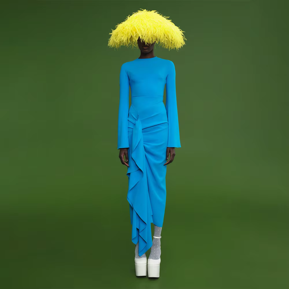 Robe de Soirée Bleu Ciel à Col Rond pour Femme, Tenue à Manches sulf, Modeste, Maxi, Fourreau à Vola