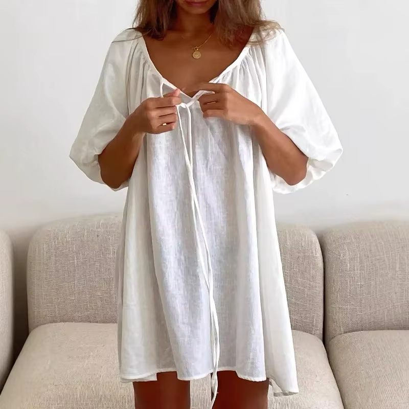 Chemise de nuit ample 100 % coton pour femme, avec dentelle, manches courtes, col en V, pyjama décon