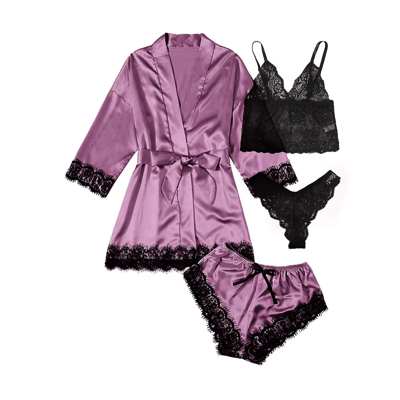 Mode femme pyjama imprimé Sexy dentelle garniture fausse soie Satin pyjama ensemble robe respectueux