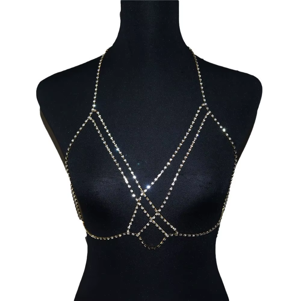 Soutien-gorge en strass réseau croisé brillant, chaîne de corps exagérée pour femmes, chaîne de sout