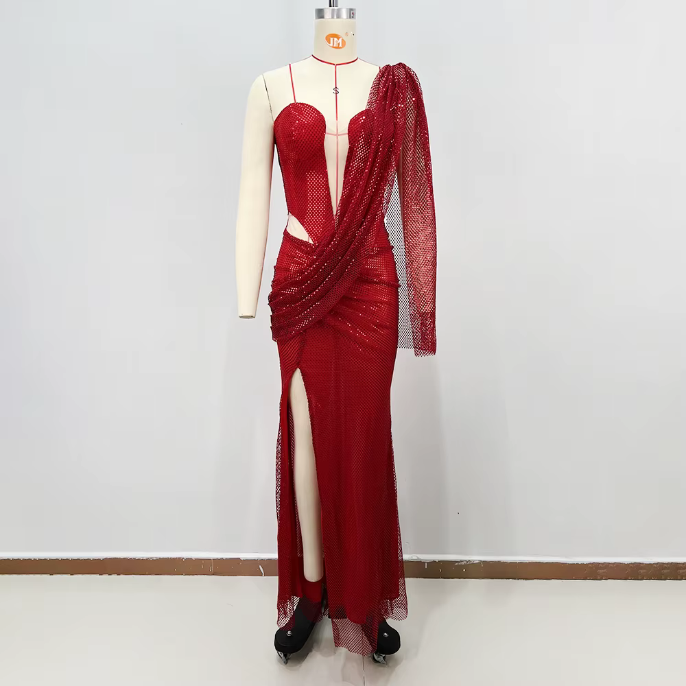 Robe de soirée chic rouge à sequins, asymétrique, avec découpes et fente haute, pour soirée en boîte