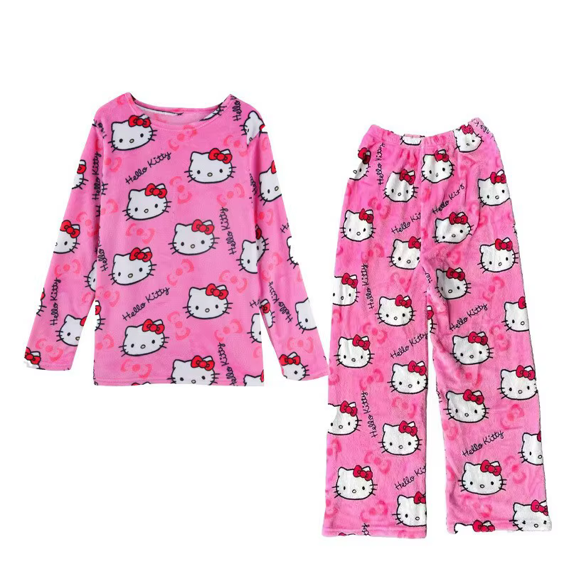 Ensemble de pyjama en flanelle pour femme Hello Kitty, nouveau, en polaire épaisse, chaud, pour l'hi