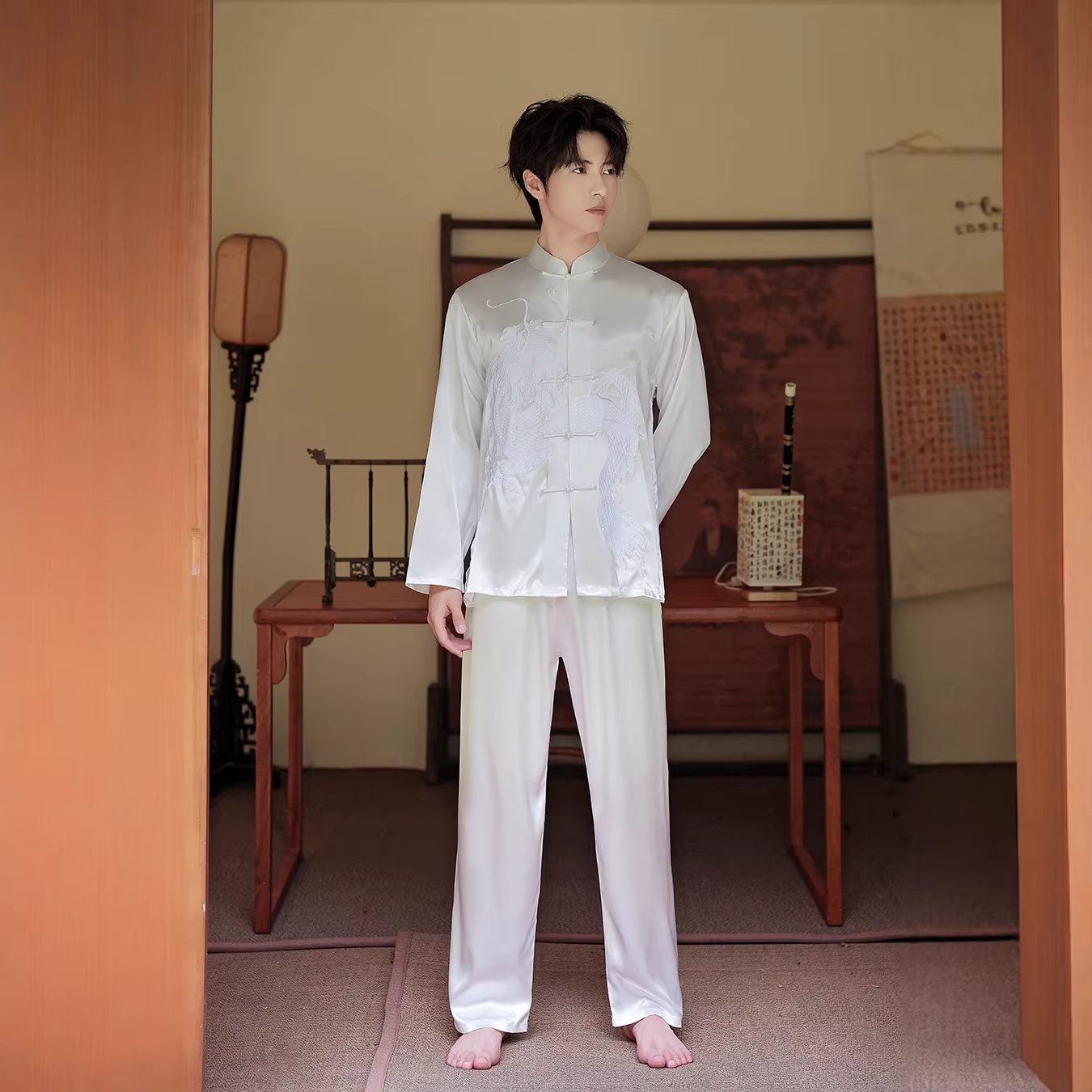 Ensemble pyjama Dragon brodé en Satin soyeux pour hommes, manches longues, vêtements de maison, cost