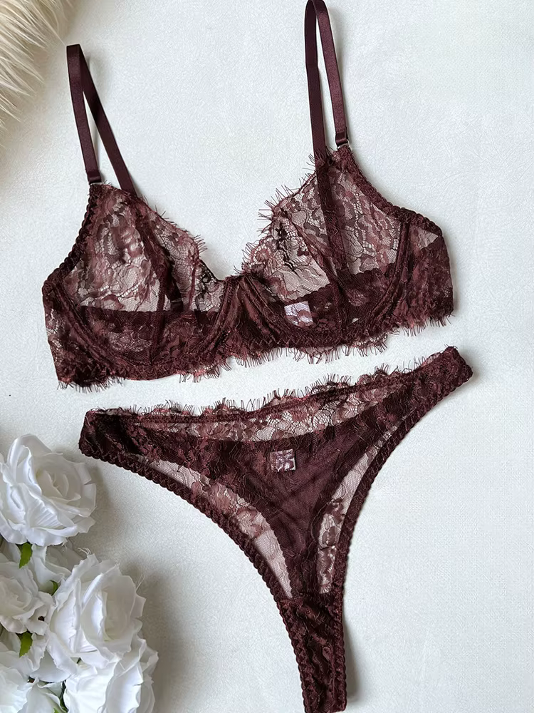 Ensemble de lingerie Belamimi 2 pièces en dentelle transparente, avec détails ajourés, pour femme, s