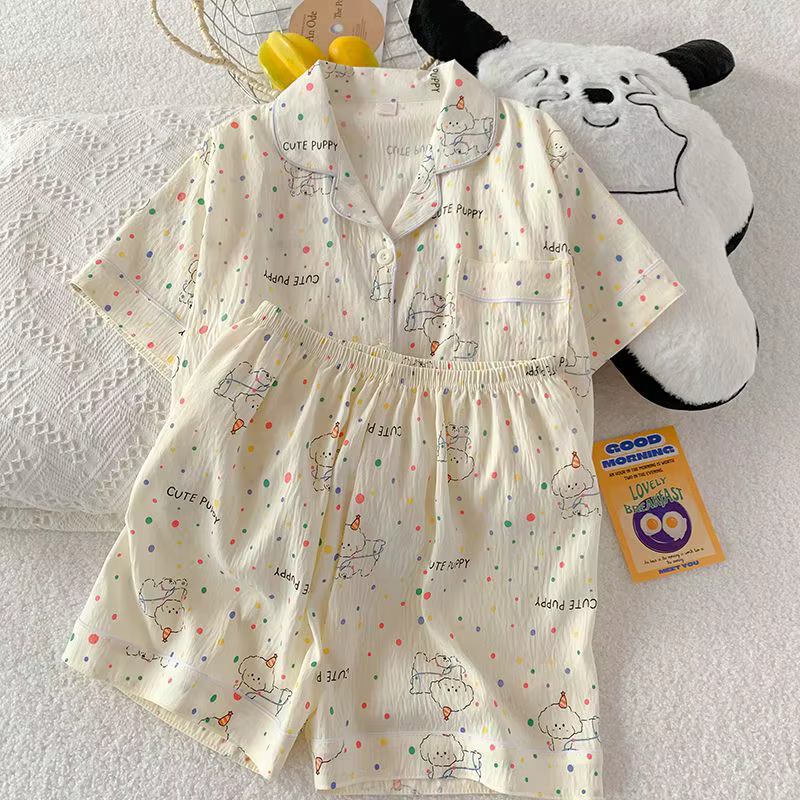 Pyjama d'été pour femme, style fin avec pois et motif chiot, short à manches courtes, doux et mignon