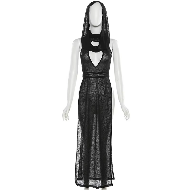 Robe longue sexy pour femme, style rave et gothique, pour festival et soirée, en maille transparente
