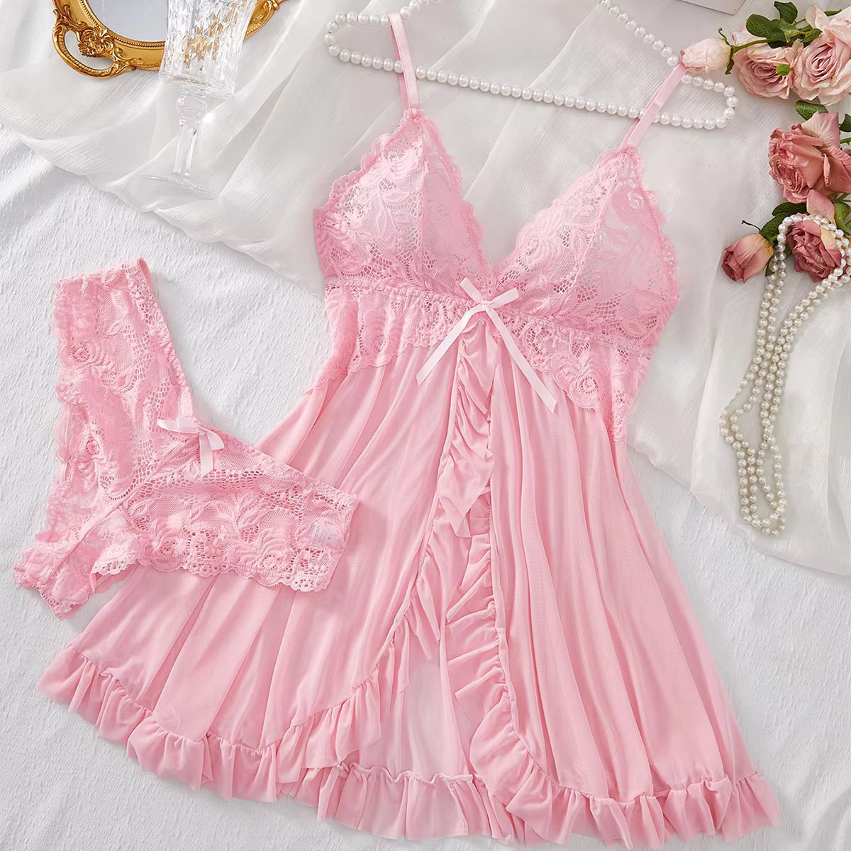Chemise de nuit transparente en dentelle rouge pour femmes, sous-vêtements Sexy, vêtements de nuit, 