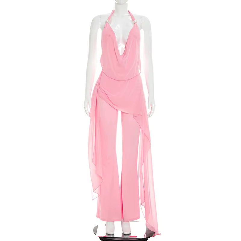 Combinaison d'été sexy dos nu en mousseline pour femme, style bodycon, sans manches, col en V, pour 