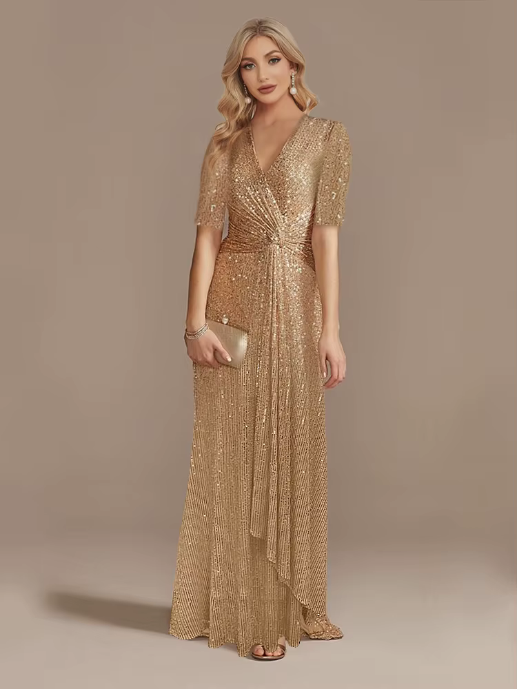 Robe de soirée de luxe, longueur au sol, col en v, élégante, Maxi, paillettes, manches courtes, robe