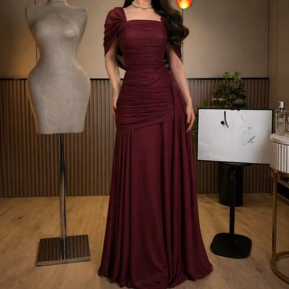 Robes de bal simples bordeaux pour femmes, col carré, manches courtes, châle, robe de soirée plissée