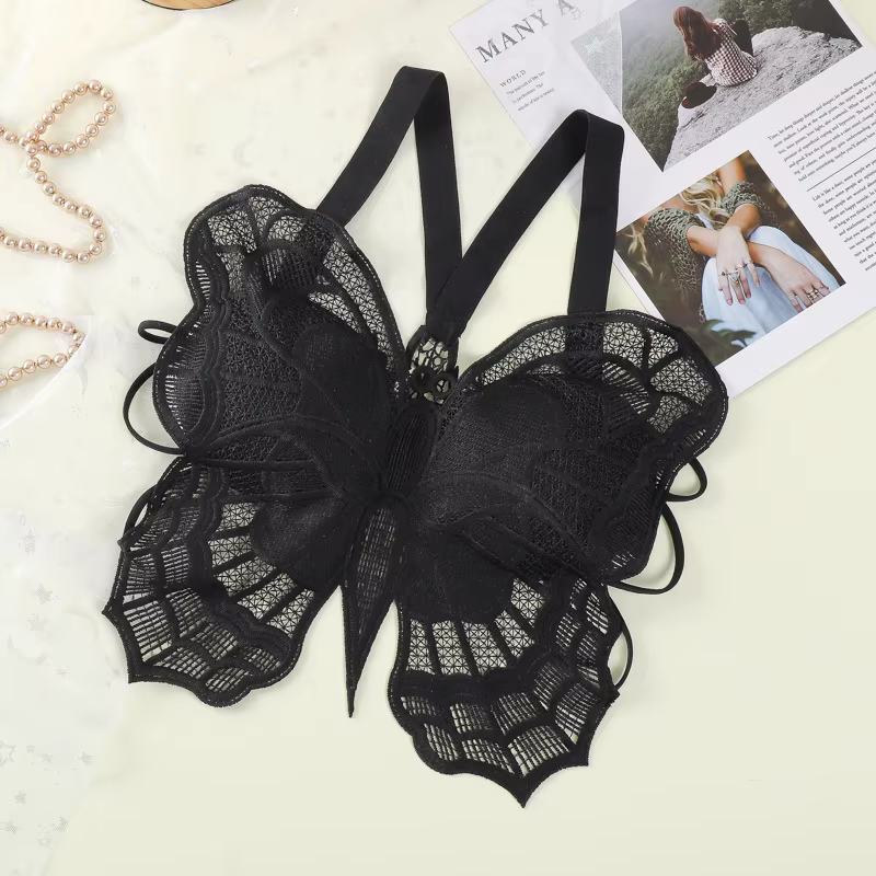 Soutien-gorge en dentelle papillon brodé pour femme, haut amissié, bralette tout-en-un, dos nu, sexy