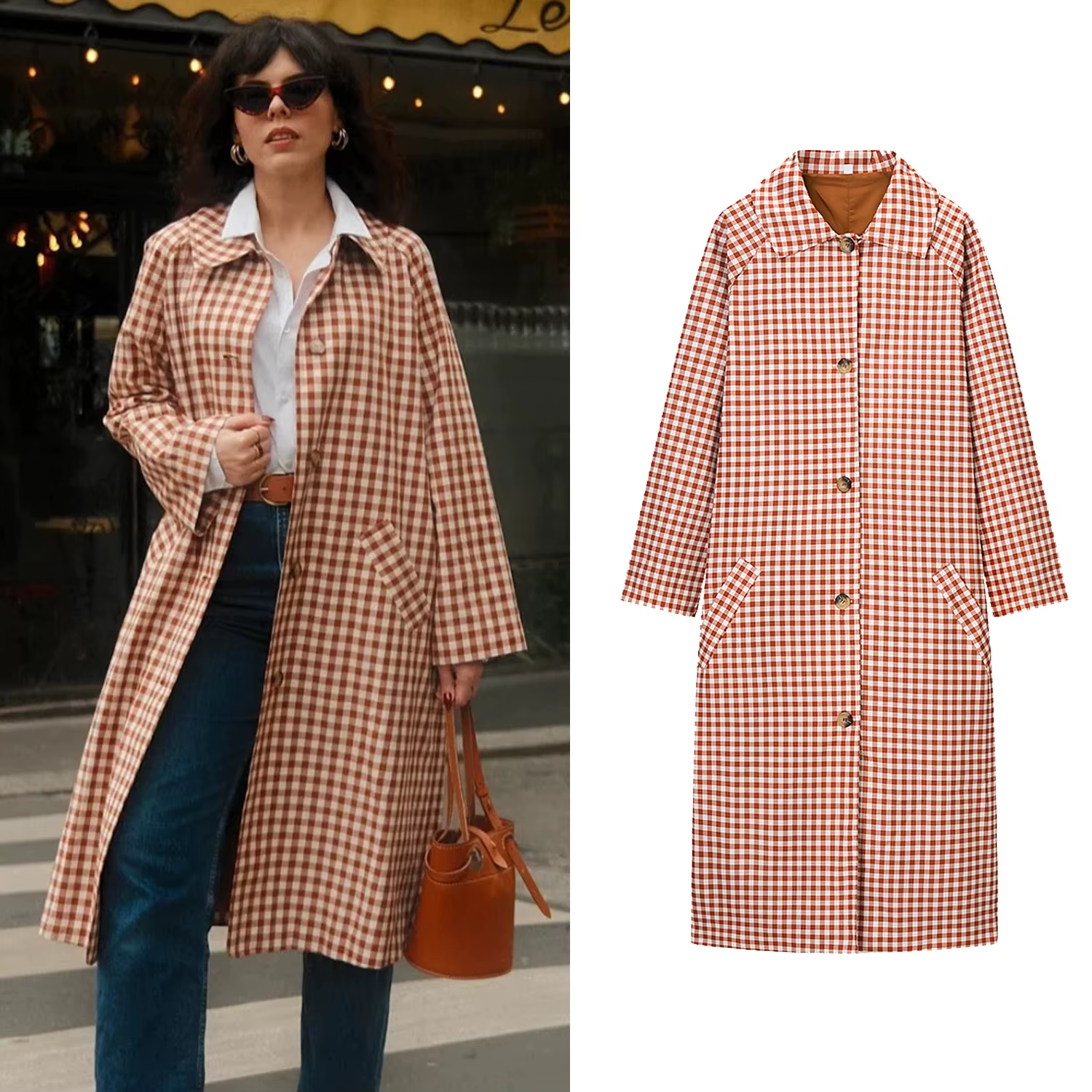 Dámsky ležérny plédový dlhý trench kabát červený pléd jednoduché zapínanie dlhé rukávy vetruodolná bunda jar jeseň