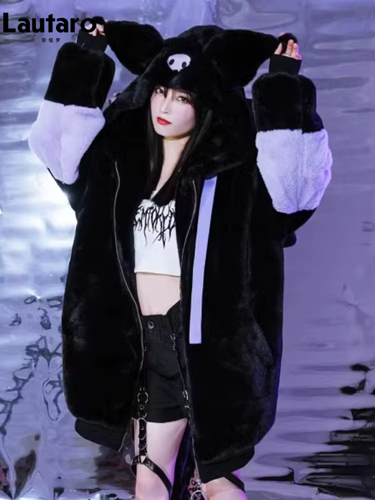 Lautaro jeseň zima nadrozmerný farebný blok umelá kožušina kabát ženy Harajuku Kawaii mäkký roztomilý nadýchaný