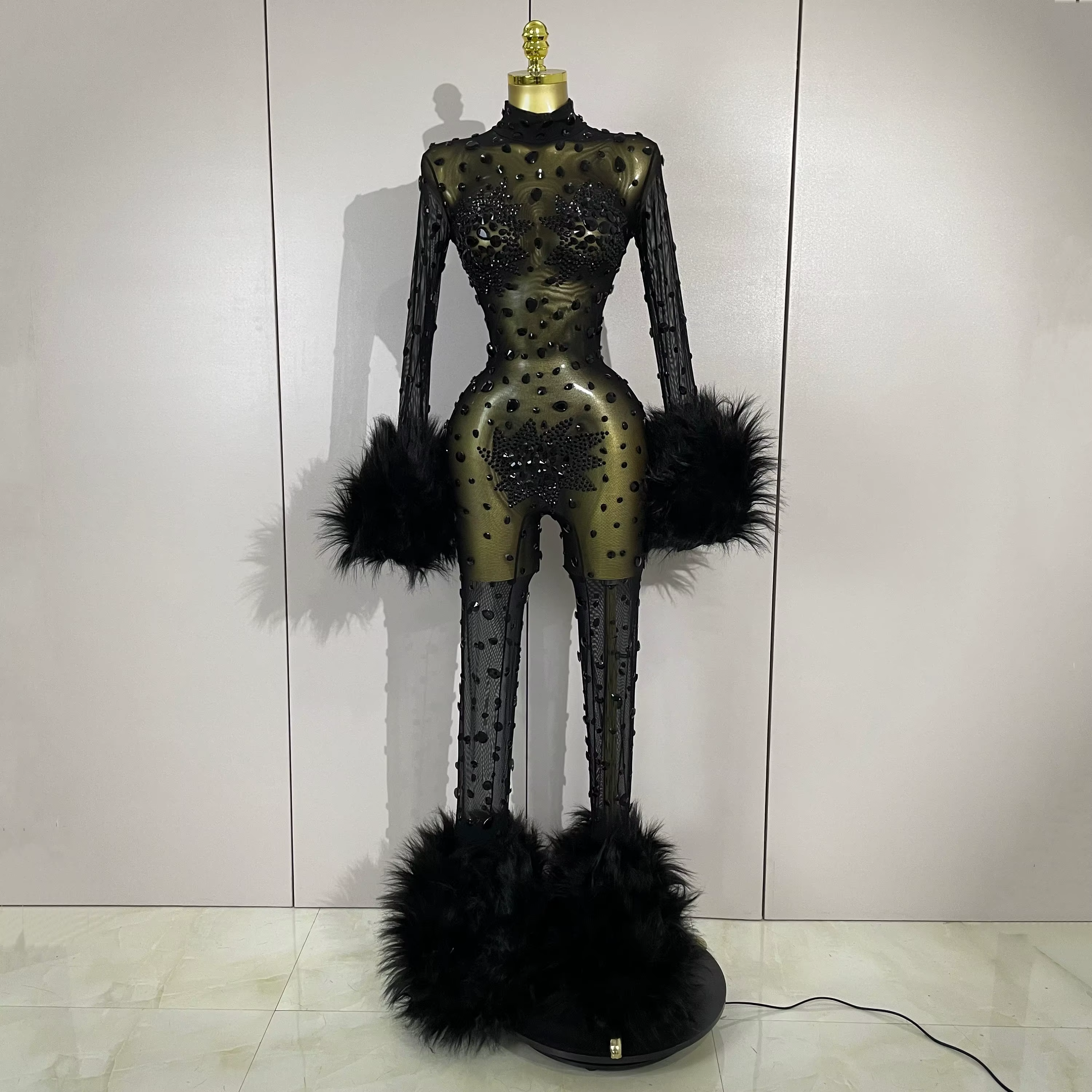 Luxusné čierne diamantové sieťované priehľadné elastické body s dlhým rukávom pre ženy Sexy Performance spevák Cos