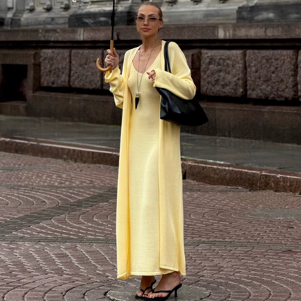 Tuularose dámske dlhé šaty 2-dielne jednofarebné pletené so špagetovými ramienkami a dlhými rukávmi Cardigan set ležérny