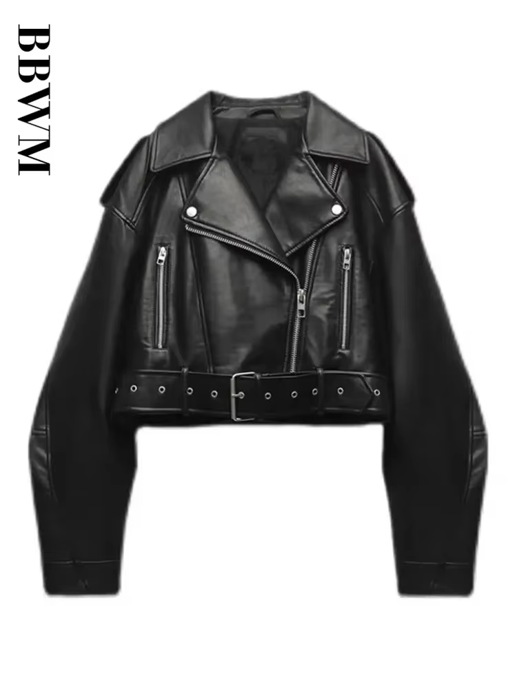BBWM dámska nadrozmerná vintage voľná PU kožená bunda s opaskom Streetwear retro zips